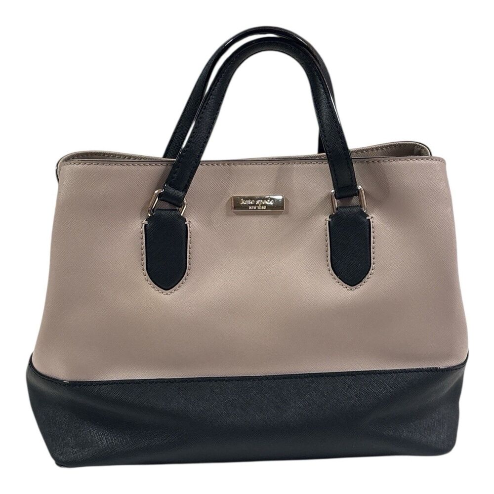 Kate Spade New York Saffiano Leather Satchel Tote Bag Purse Two Tone Black Taupe